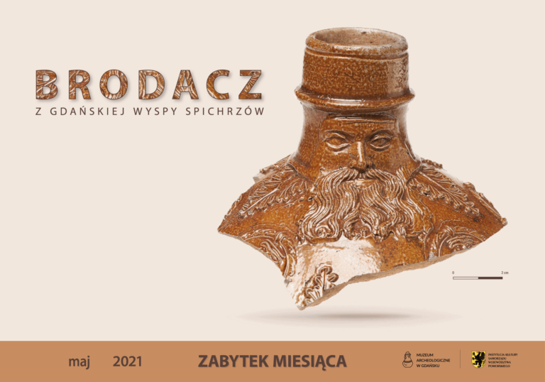 Plakat ze zdjęciem zabytku: fragmentem brązowego dzbana z wizerunkiem brodacza.