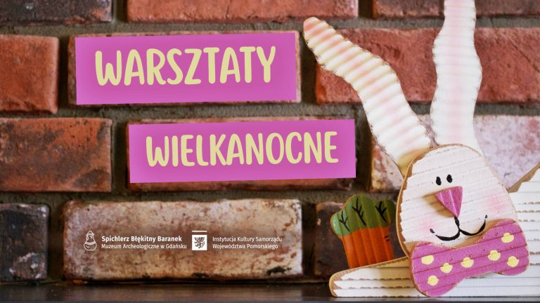 Plakat z napisem "Warsztaty wielkanocne" i głową zajączka z tektruy.