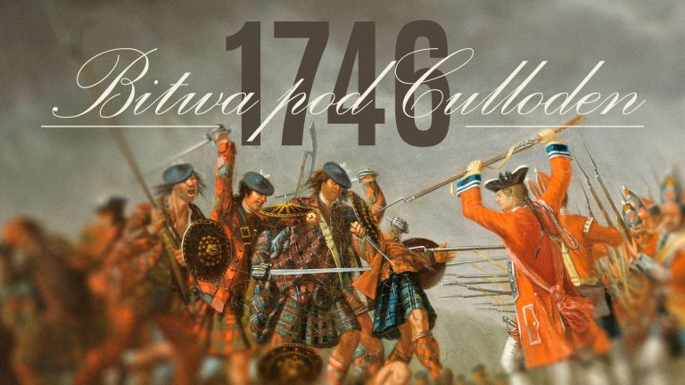 Fragment ilustracji przedstawiającej bitwę pomiędzy Szkotami, a żołnierzami angielskimi. Na środku ilustracji data 1746i napis "Bitwa pod Culloden".