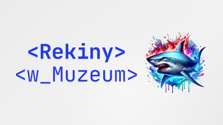 Plakat, z lewej strony napis: rekiny w Muzeum, z prawej strony płynący rekin, pokazujący szczęki.